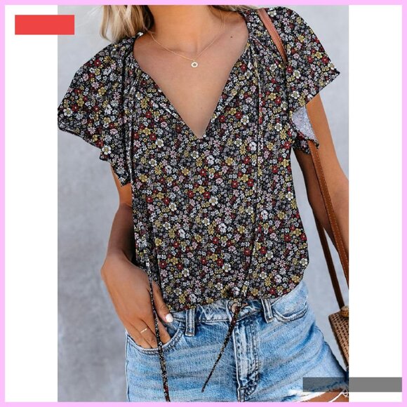 Flutter Sleeve Boho Blouse Lightweight Floral Print V-Neck Top - Picture 2 of 4